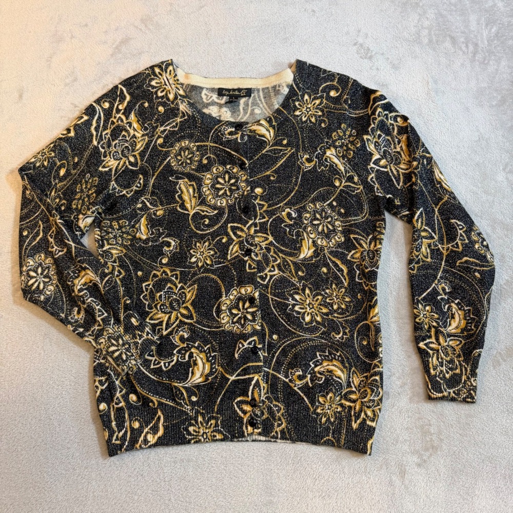 Whimsygoth Womens Metallic Floral Paisley Cardigan Sweater Black Gold Silver‎ L